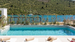 A pool with clear blue water, surrounded by plants and a view of a mountainous landscape. - Beachfront Villa Seabird with Pool (Rogoznica)