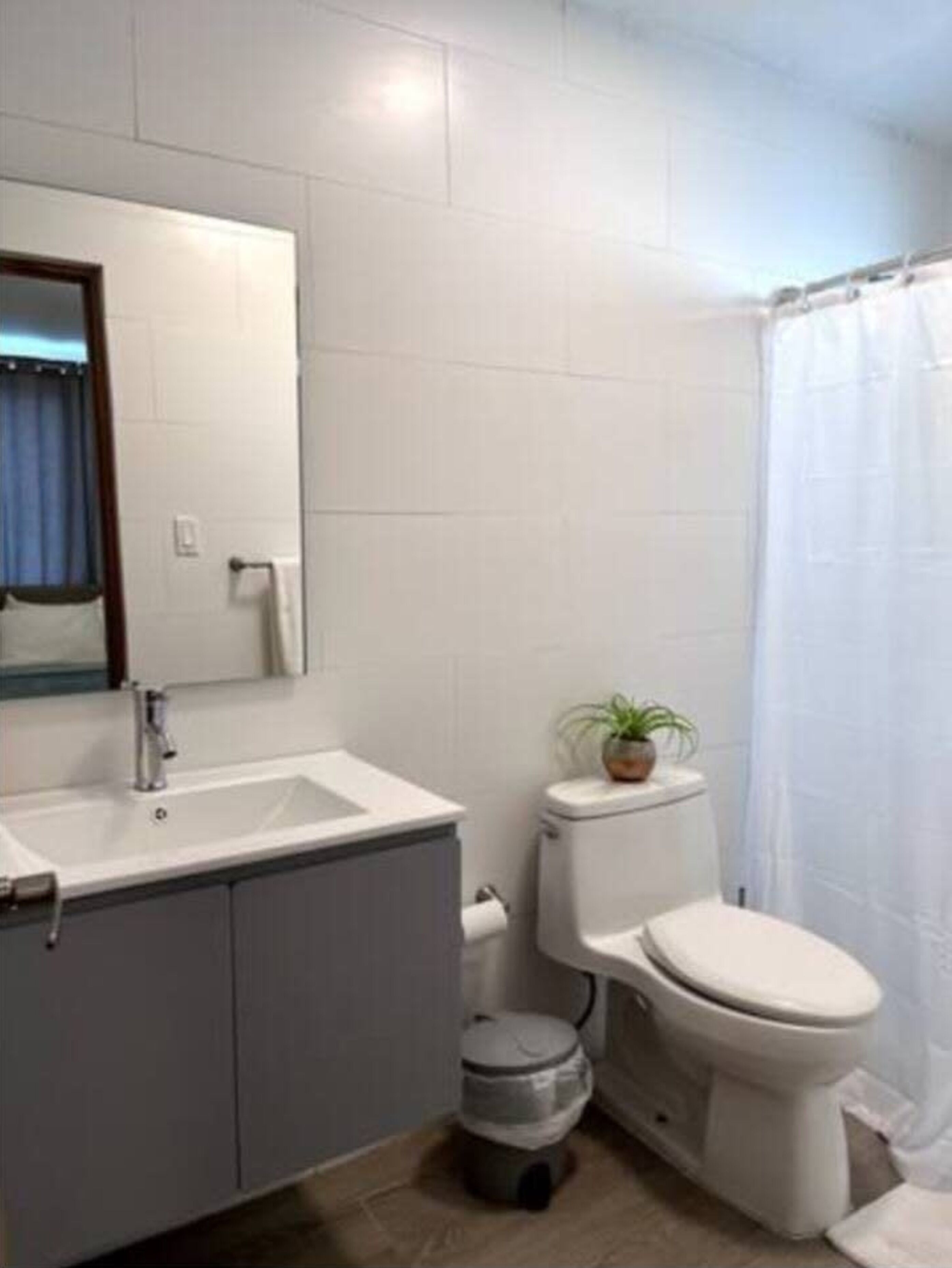 Ein Badezimmer mit weißem Waschbecken, Spiegel, Toilette und Duschvorhang.