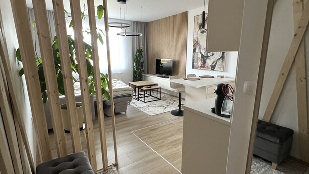 A modern living room with a sofa, a dining area, and a kitchen.