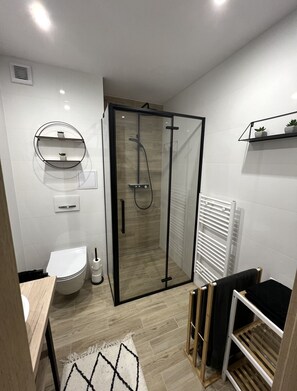 Een moderne badkamer met een douche in een glazen cabine, een toilet, een wastafel met spiegel en een handdoekrek.