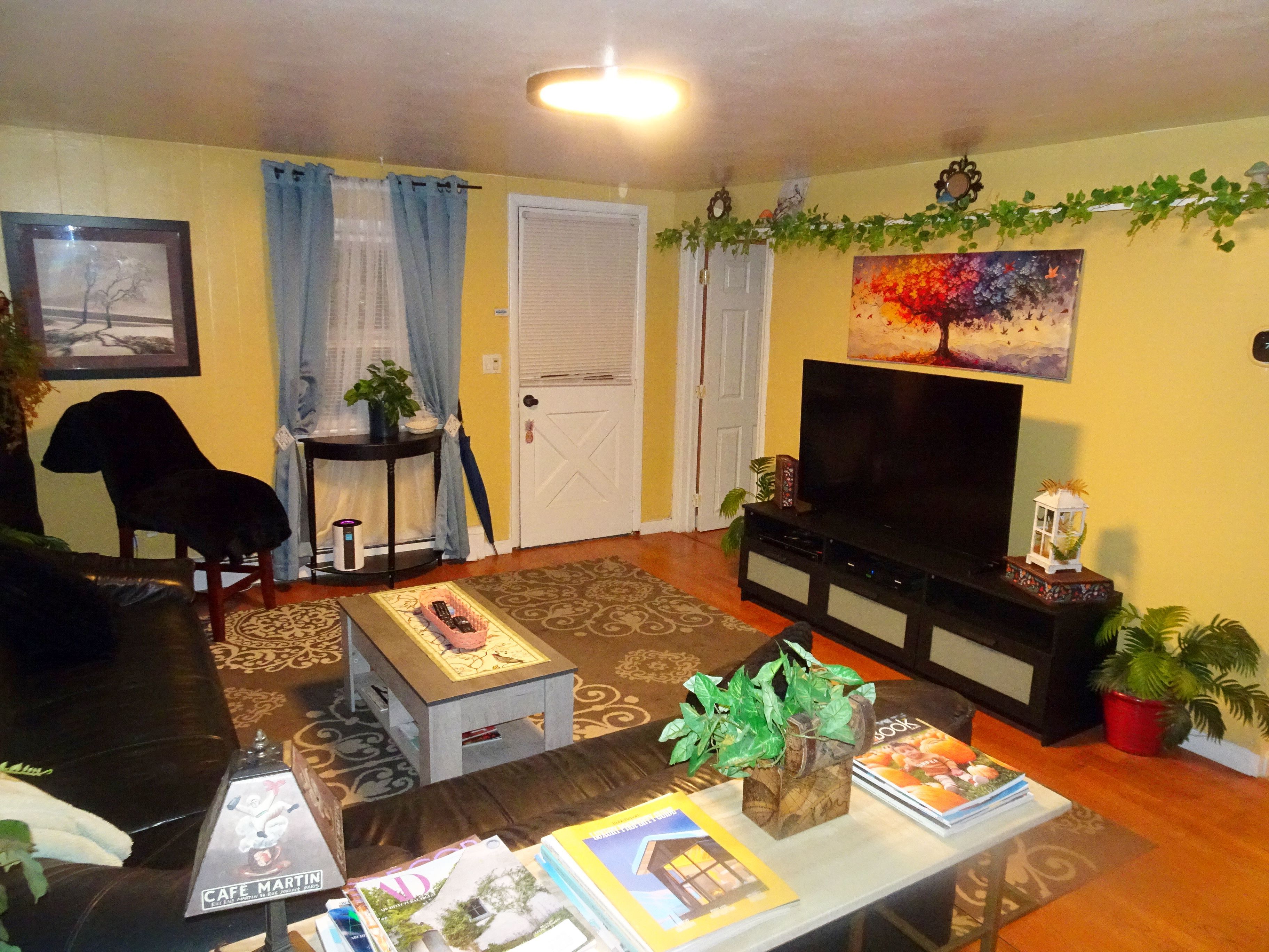 A living room with a sofa, a coffee table, a TV, and a bookshelf.