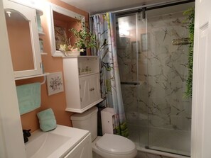 Douche, sèche-cheveux, serviettes fournies, savon