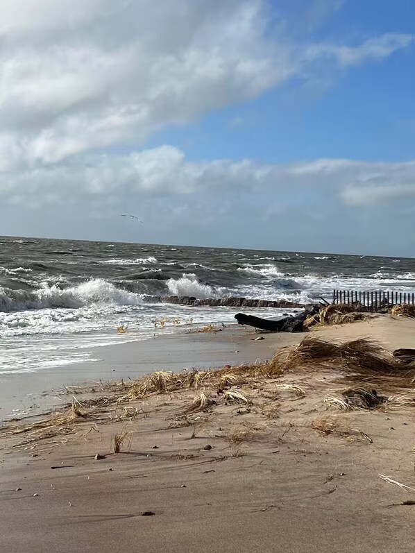 A beach with rough waves, a wooden fence, and sparse vegetation. - Direct LI sound waterfront cottage, one level living in Hawks Nest Beach (Old Lyme)