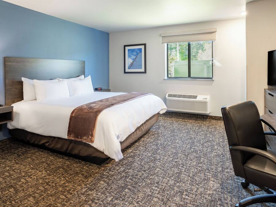 A hotel room with a large bed, a desk with a chair, a television, and a window with blinds.