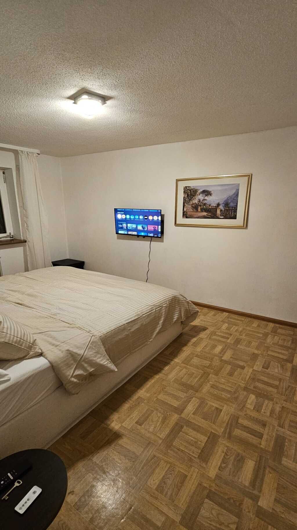 Una habitación con cama, televisor montado en la pared, un cuadro enmarcado y piso de parquet de madera.