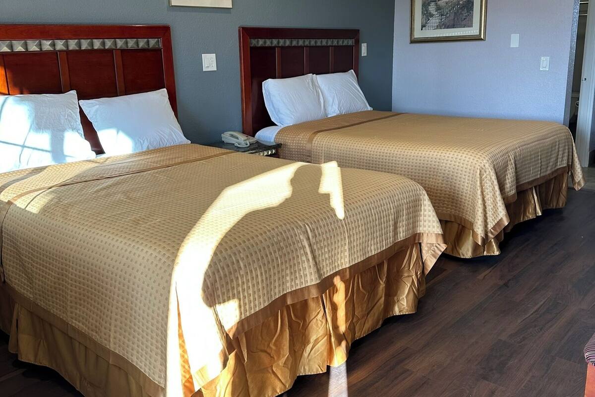 Two single beds with wooden headboards, a telephone on the nightstand, and a framed picture on the wall.