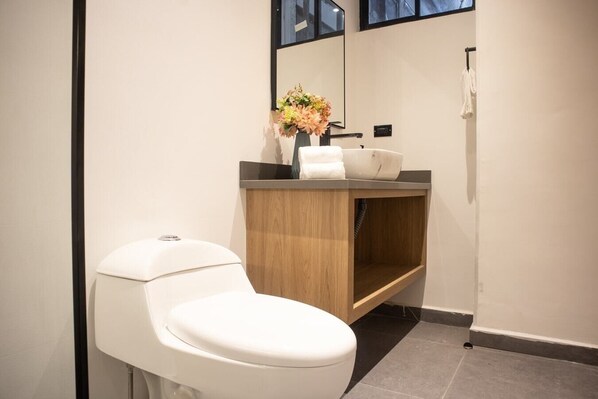 A modern bathroom with a white toilet, a wooden vanity with a sink, and a mirror above the vanity. - Jacuzzi Comfort Aparta-suite Stadio Rosa Negra (Medellín)