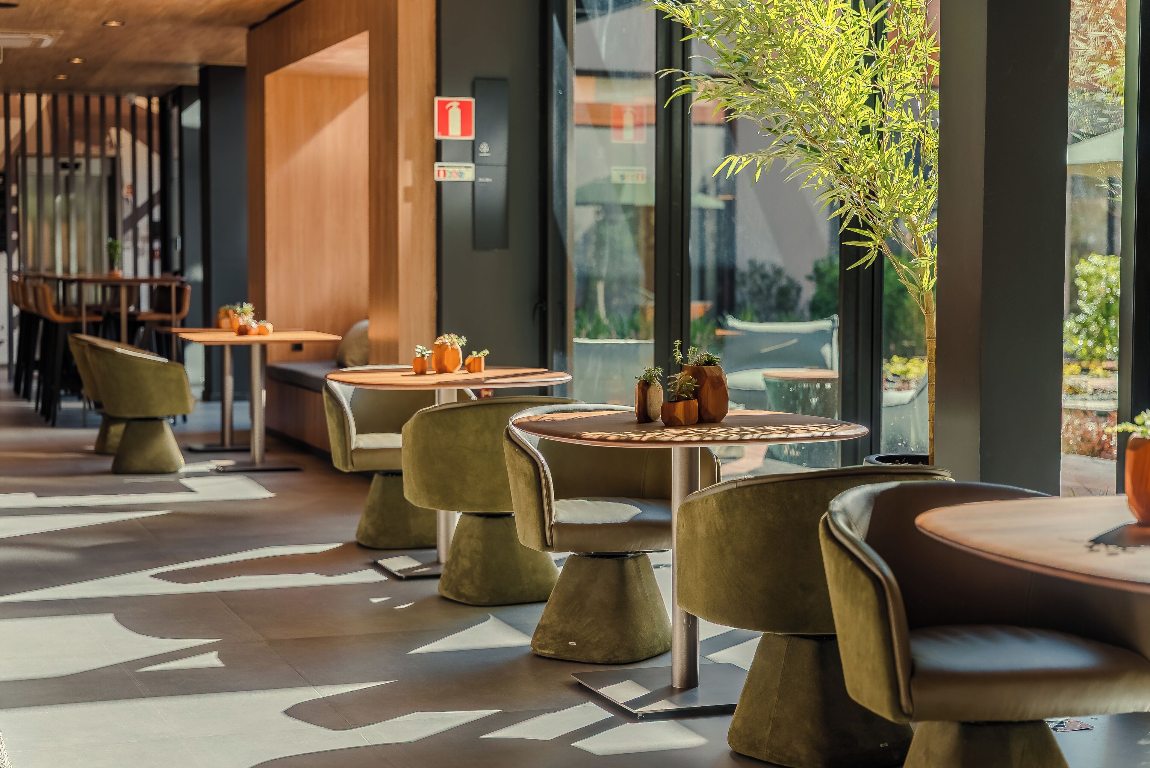A modern indoor seating area with round tables and chairs, potted plants, and a view through large windows.