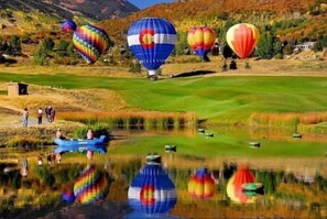 A scenic landscape with a lake reflecting colorful hot air balloons, a grassy field, and a small building.