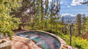 Ein Whirlpool, umgeben von üppiger Vegetation und Bergen im Hintergrund.
