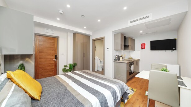 Une chambre d’hôtel moderne équipée d’un lit, d’un bureau, d’une télévision et d’une kitchenette.