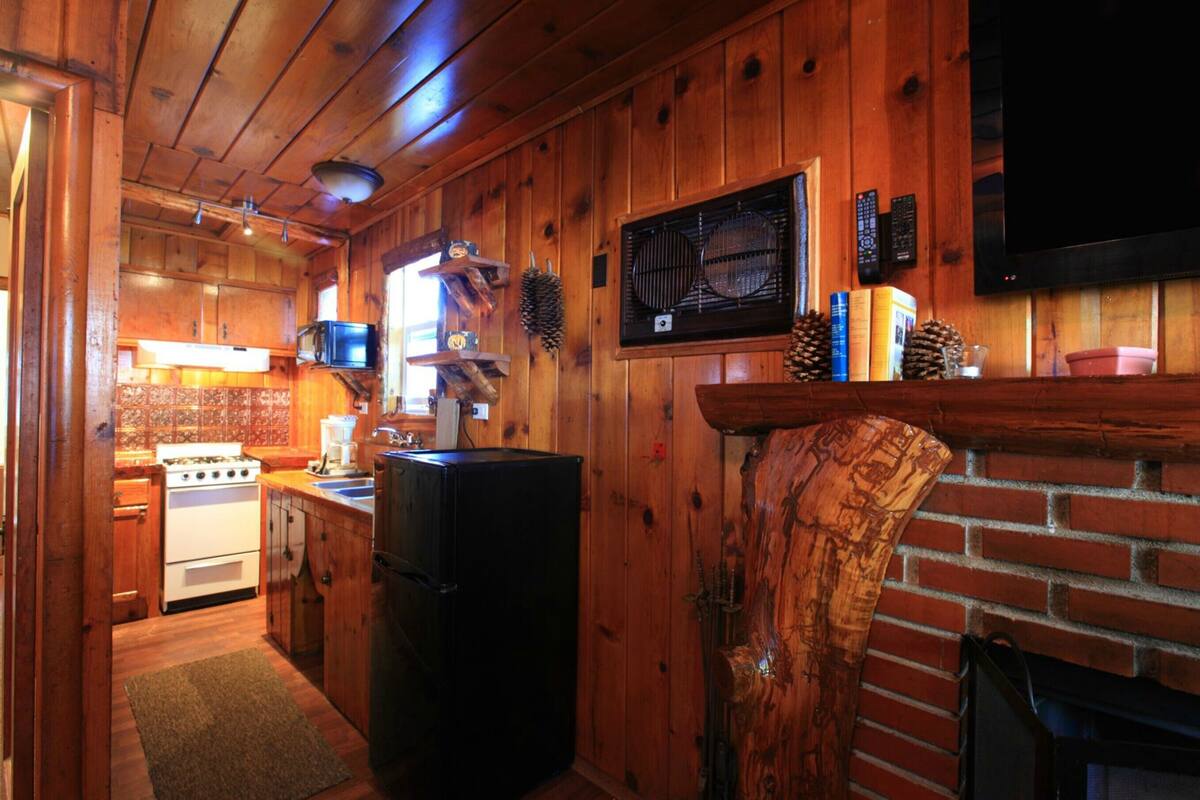 Ein Holzblockhaus-Innenraum mit Küchenbereich, inklusive Herd, Kühlschrank und Mikrowelle.