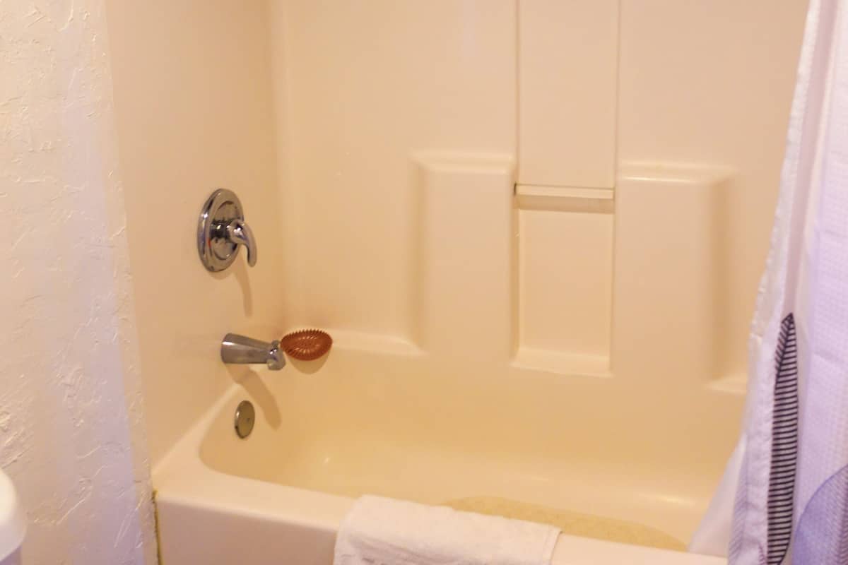 Ein Badezimmer mit Badewanne, Dusche und Toilette.