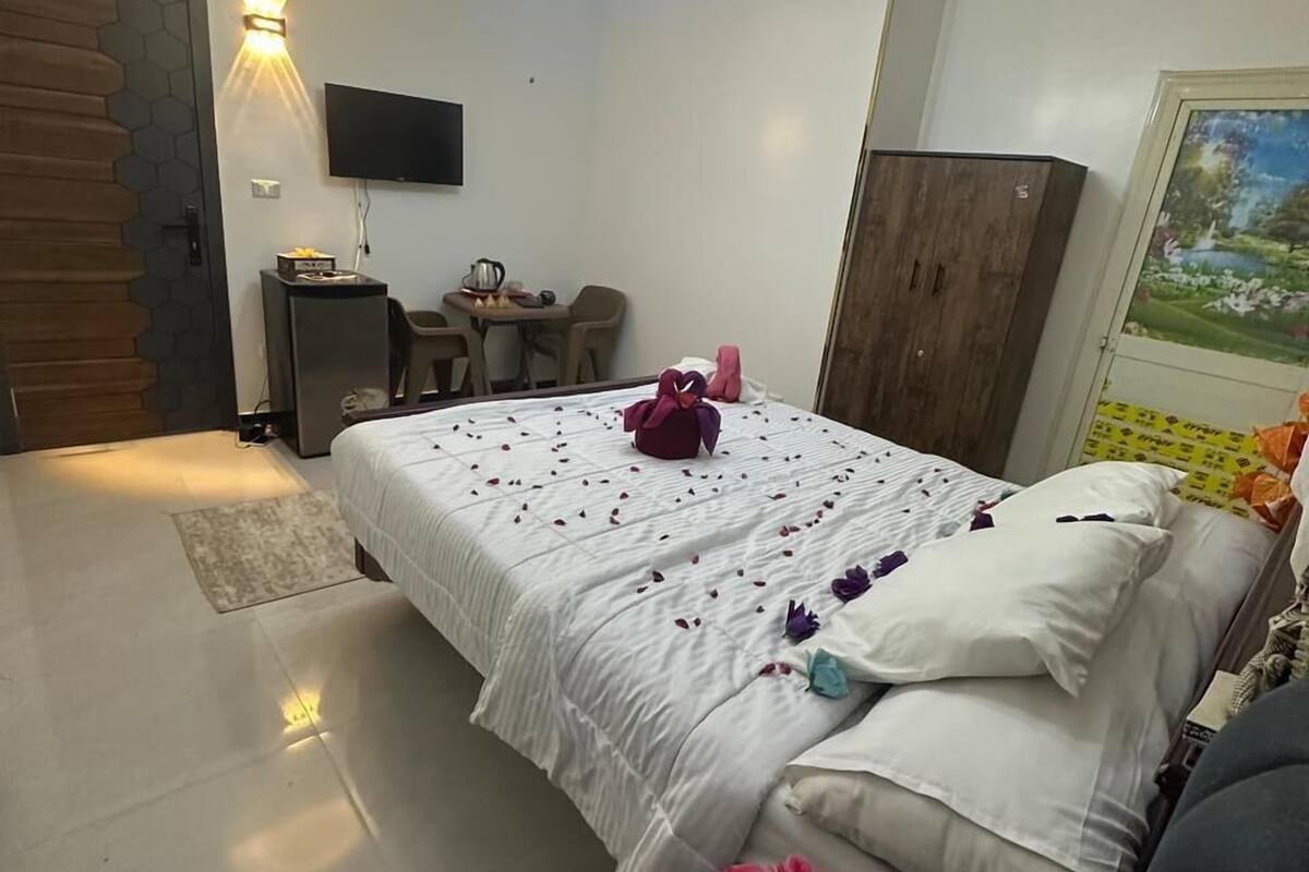 Ein Schlafzimmer mit Bett, Fernseher, Schreibtisch, Kleiderschrank und einem Bild an der Wand.