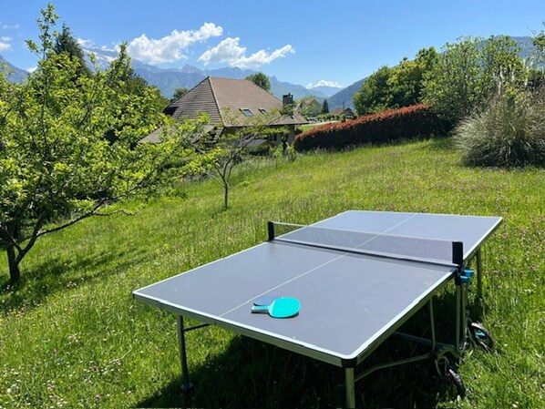 Mesa de ping pong en un espacio al aire libre con césped y montañas al fondo.