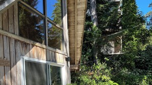 Terraza de madera con mobiliario exterior y un amplio ventanal con vistas a un área boscosa.