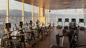 A gym with various exercise equipment, large windows, and a view of a cityscape.