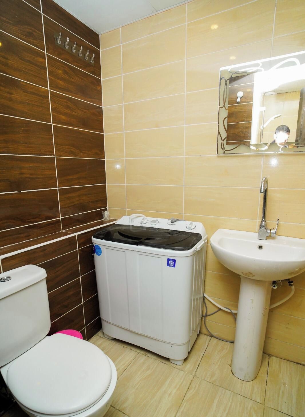 Une salle de bain équipée de toilettes, d’un lave-linge et d’un lavabo.