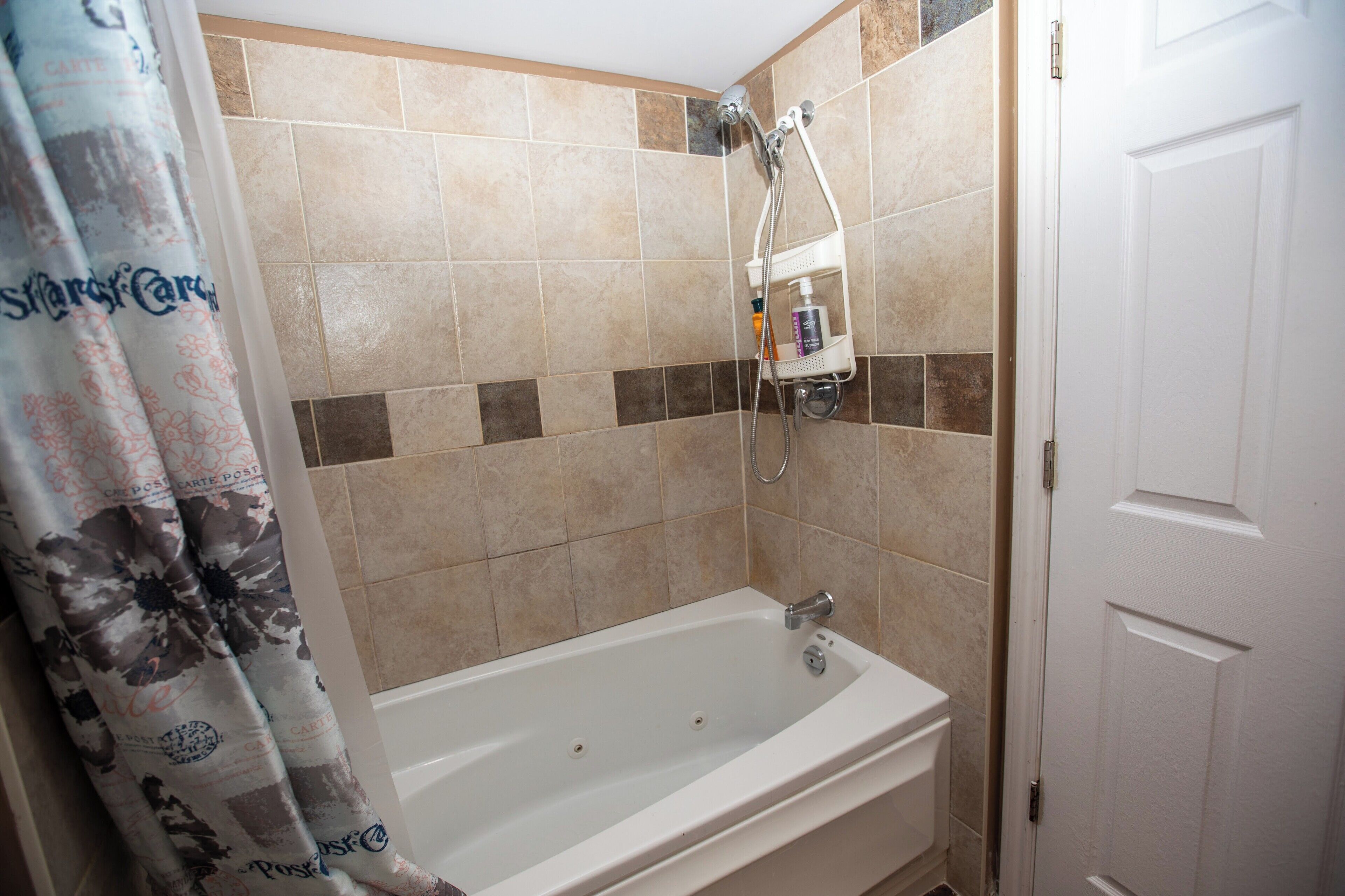 Une salle de bain avec une baignoire, une douche et une porte.