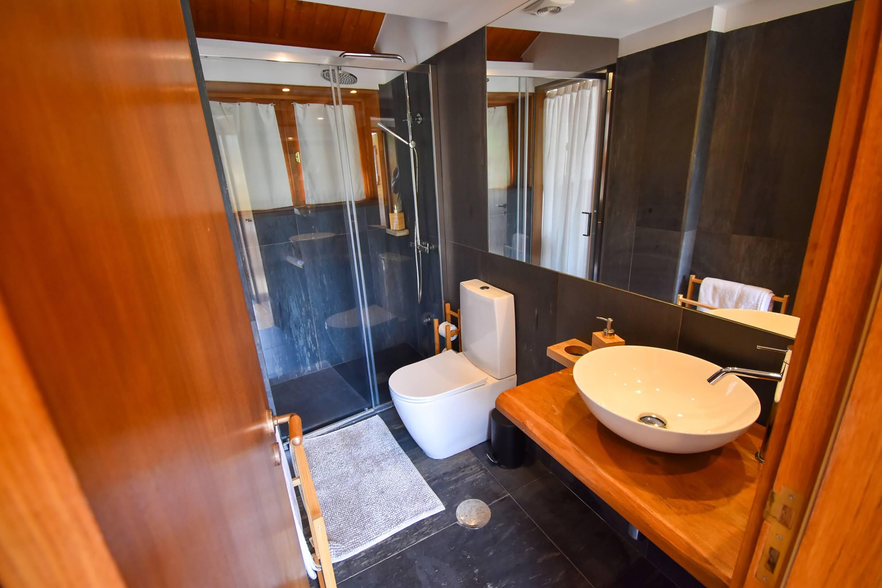 Een moderne badkamer met een douchecabine van glas, een wit toilet en een grote wastafel met spiegel.