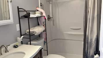 Hair dryer, towels, soap, shampoo