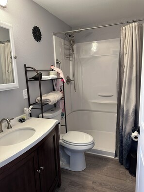 Hair dryer, towels, soap, shampoo