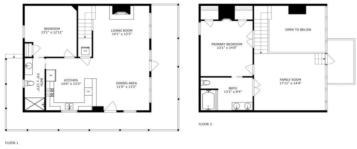 Floor plans of a hotel with two bedrooms, a living room, a kitchen, a dining area, and a family room.