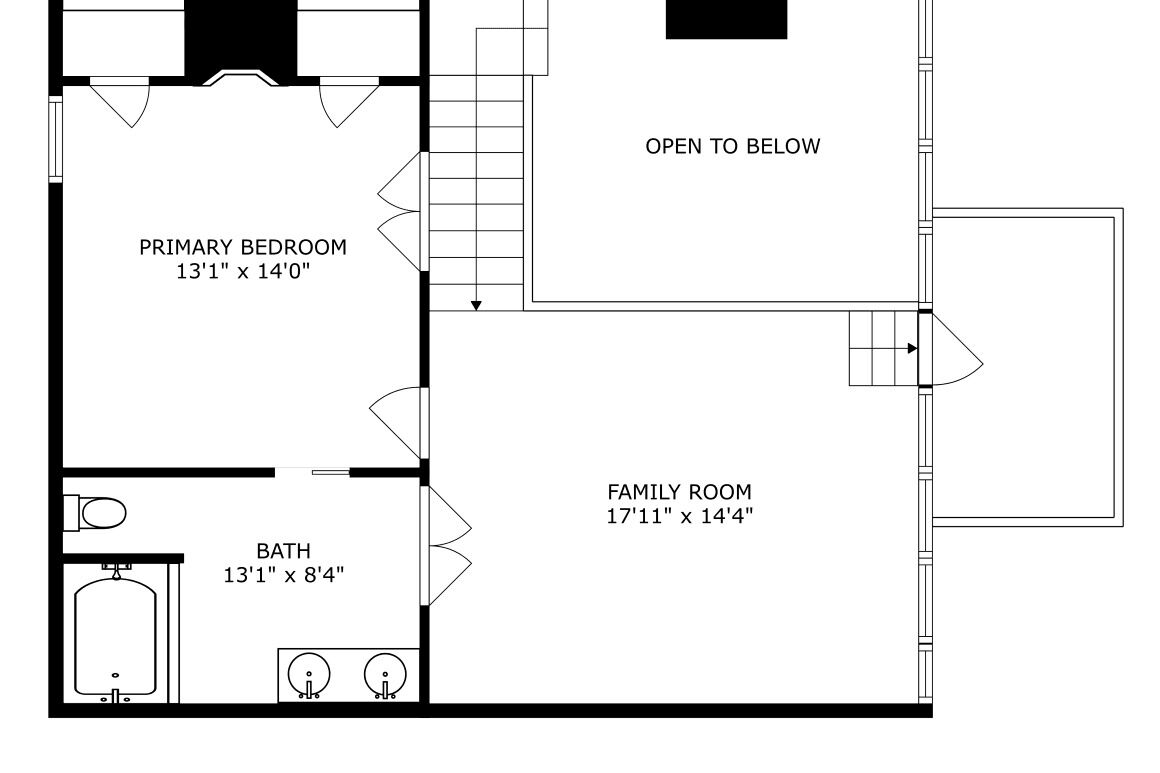 A floor plan of a hotel room with a primary bedroom, family room, and a bathroom.