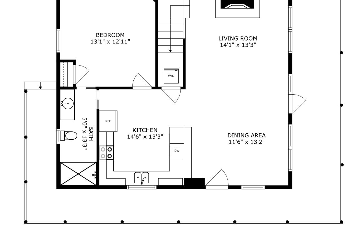 Un plan d’étage d’une chambre d’hôtel comprenant une chambre à coucher, un salon, une cuisine, un coin repas et une salle de bain.