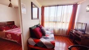 Um quarto com cama, sofá, televisão e janela com cortinas.
