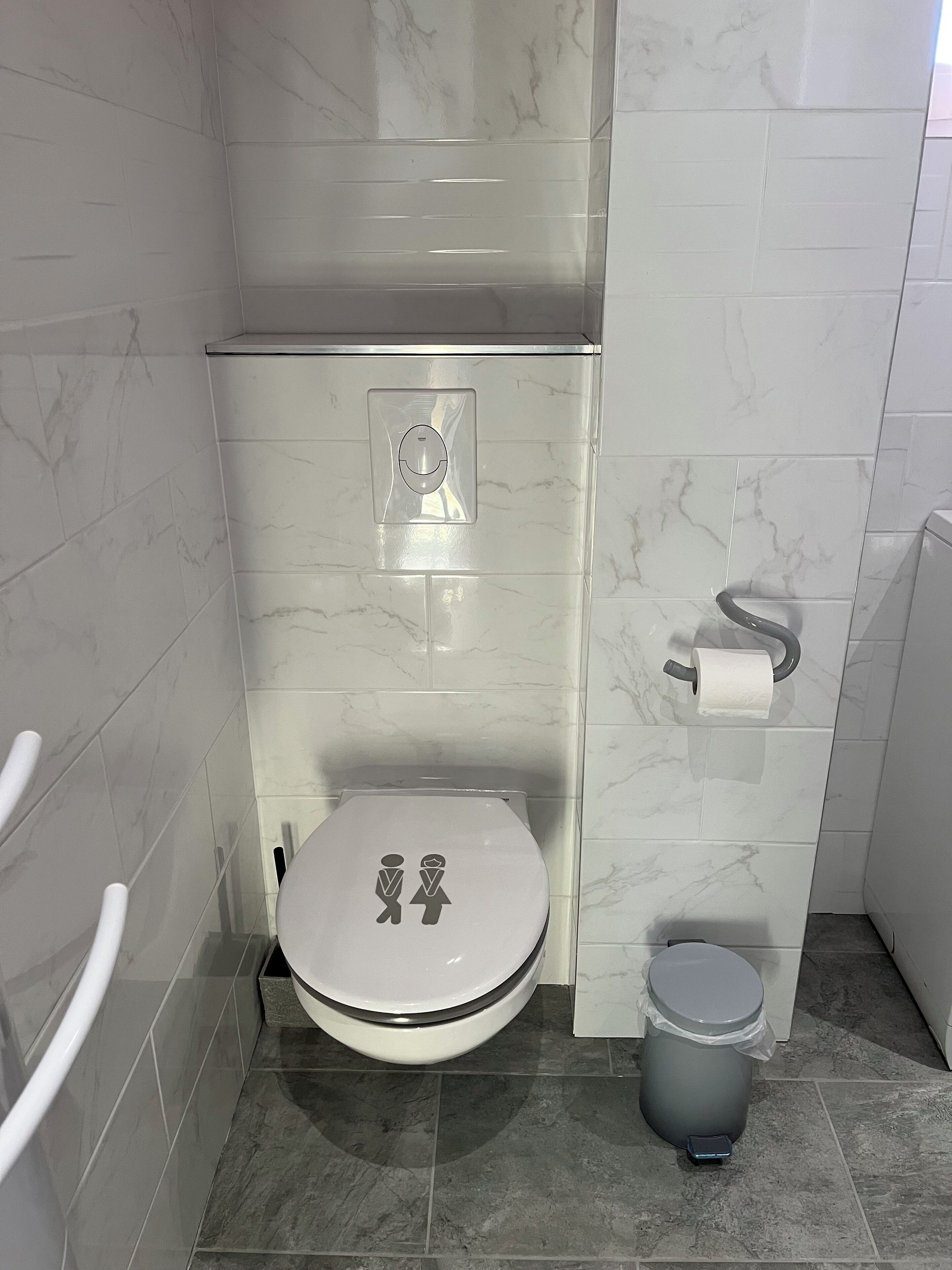 Un baño con un inodoro, un cubo de basura y un dispensador de papel higiénico.