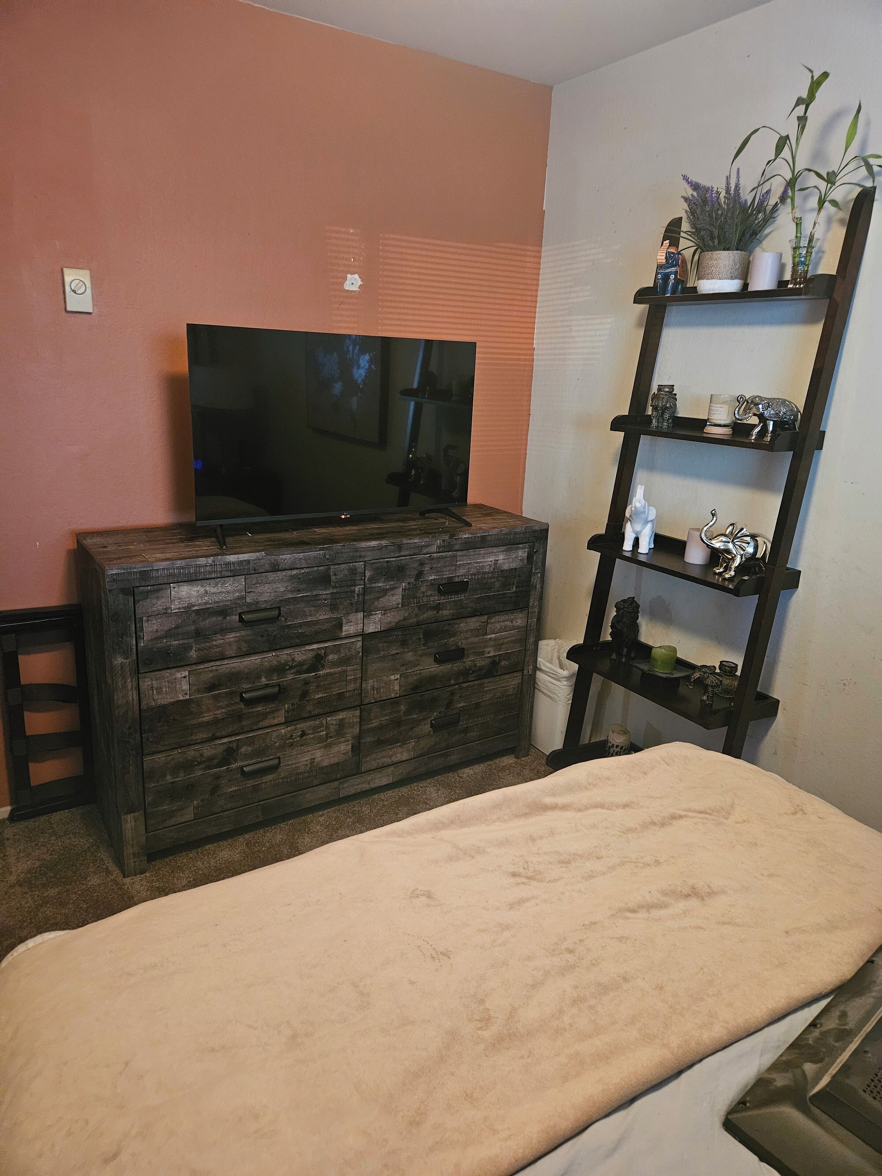 A room with a TV on a wooden dresser, a bed with a beige blanket, and a shelf with decorative items.