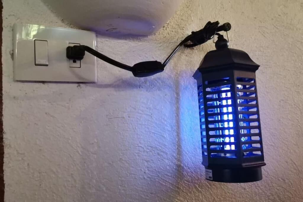 A wall-mounted light fixture with a switch and a blue-lit lantern.