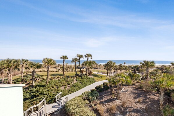 A coastal landscape with a pathway leading to a beach, surrounded by palm trees and a clear sky. - 1364 Shipwatch- Hosted by Moore AI Rentals (Fernandina Beach)