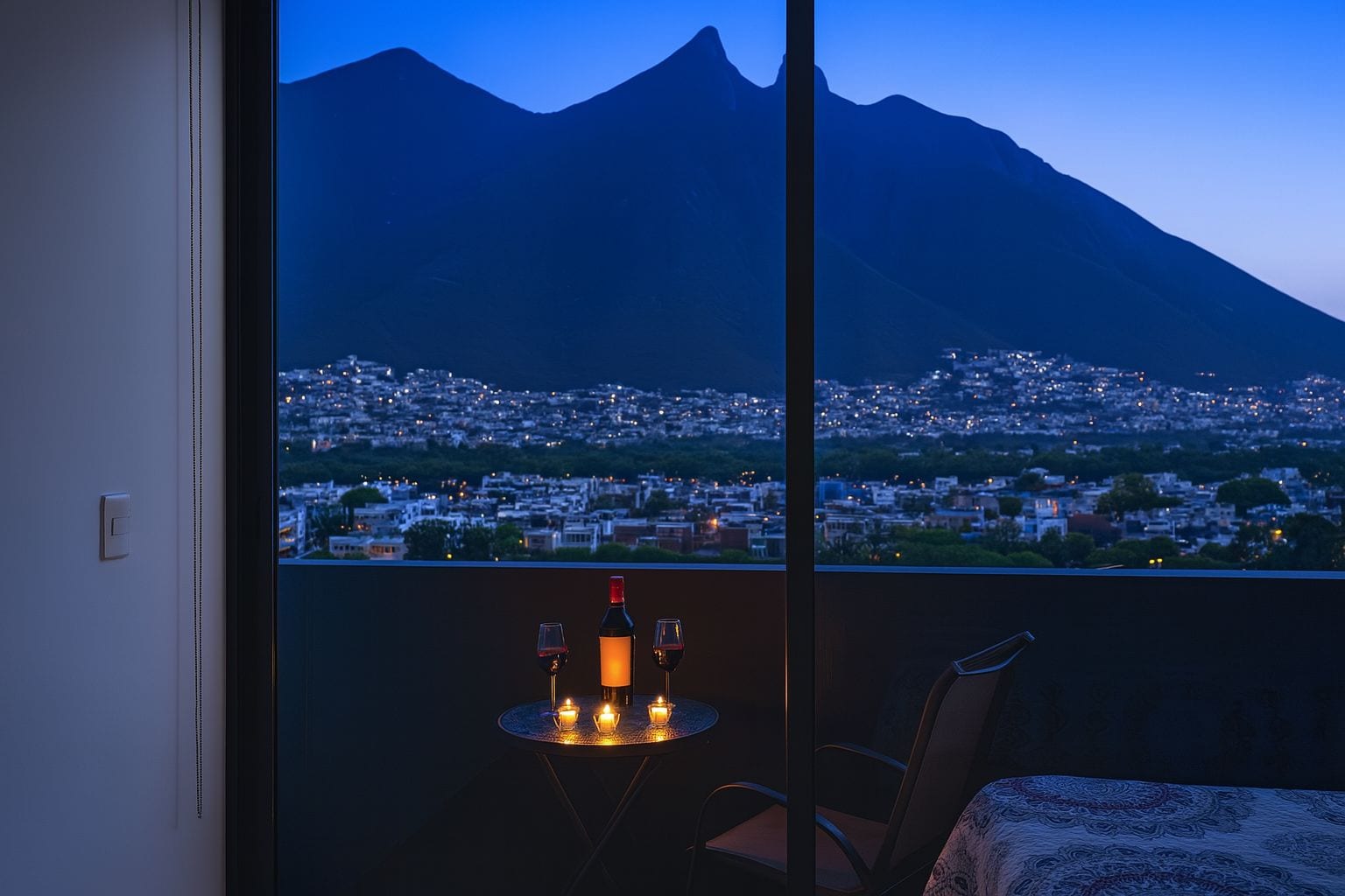 A room with a view of a cityscape and mountains at dusk.