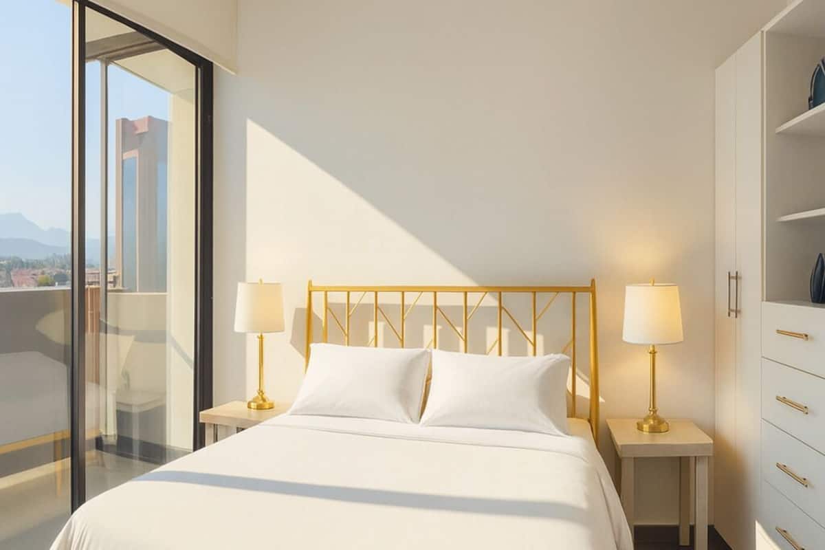 A modern bedroom with a large bed, two bedside lamps, a wardrobe, and a view through a glass door.
