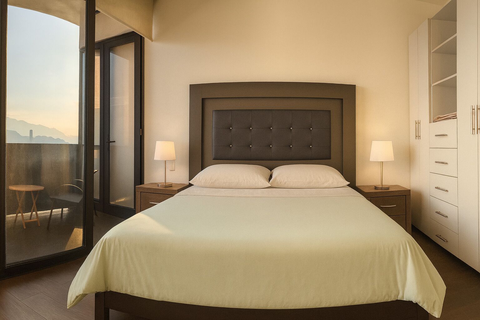Una habitación de hotel con una cama grande, dos mesitas de noche, un armario y un balcón con vistas.