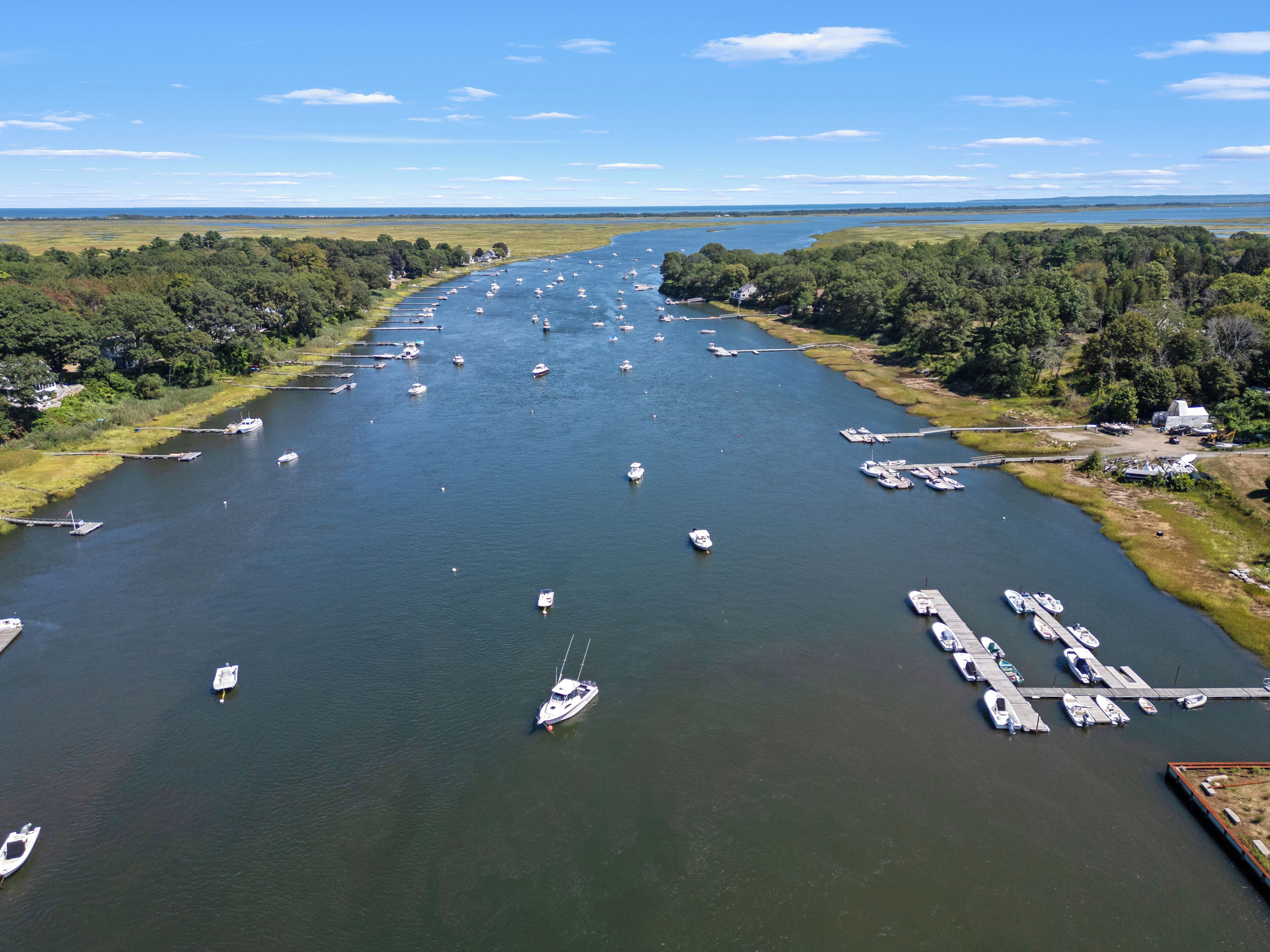 Una marina con numerosos barcos amarrados a lo largo de un río, rodeada de exuberante vegetación.