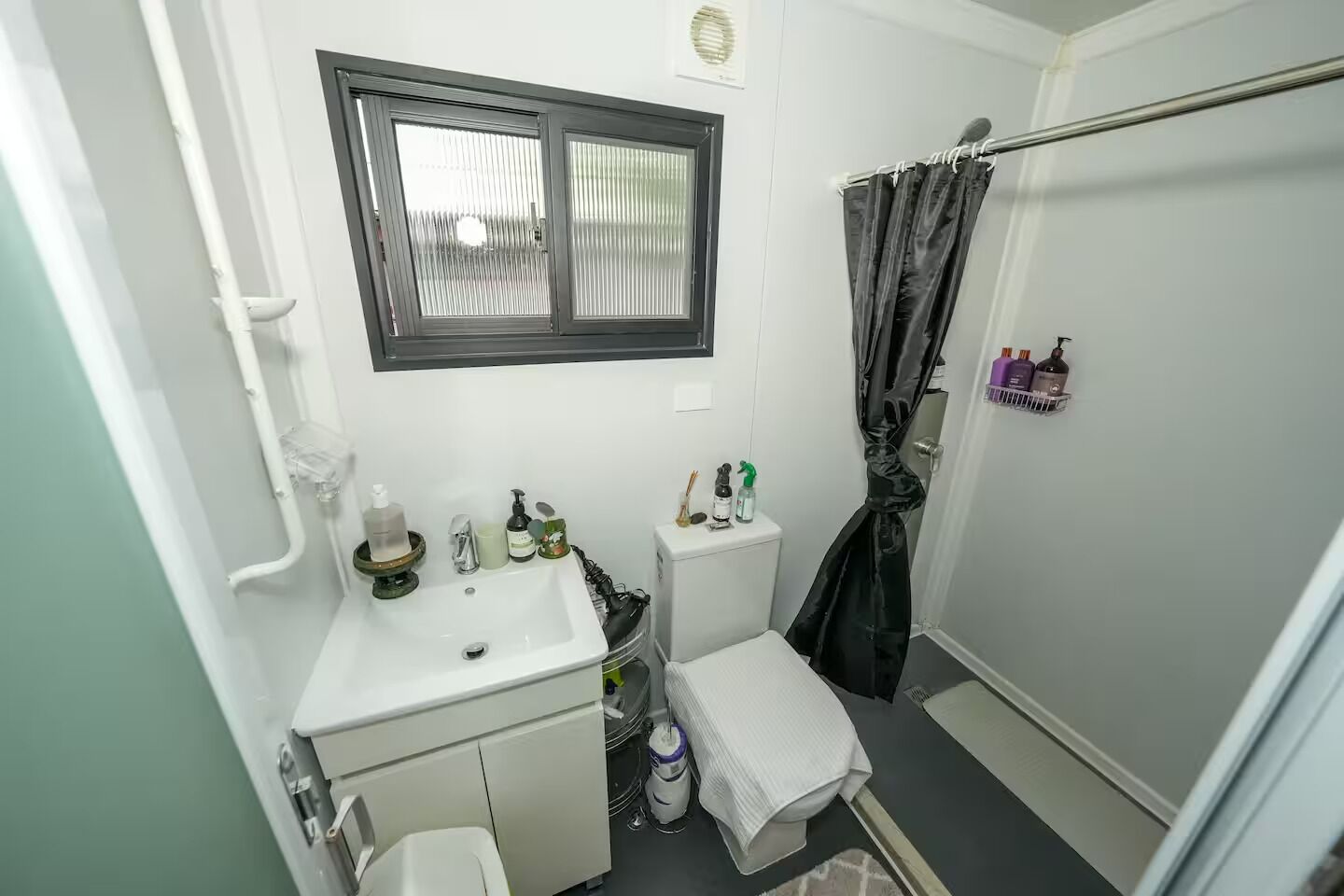 Hair dryer, towels, soap, toilet paper