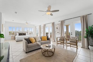 Smart TV, fireplace, foosball, music library