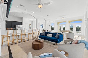 Smart TV, fireplace, foosball, music library