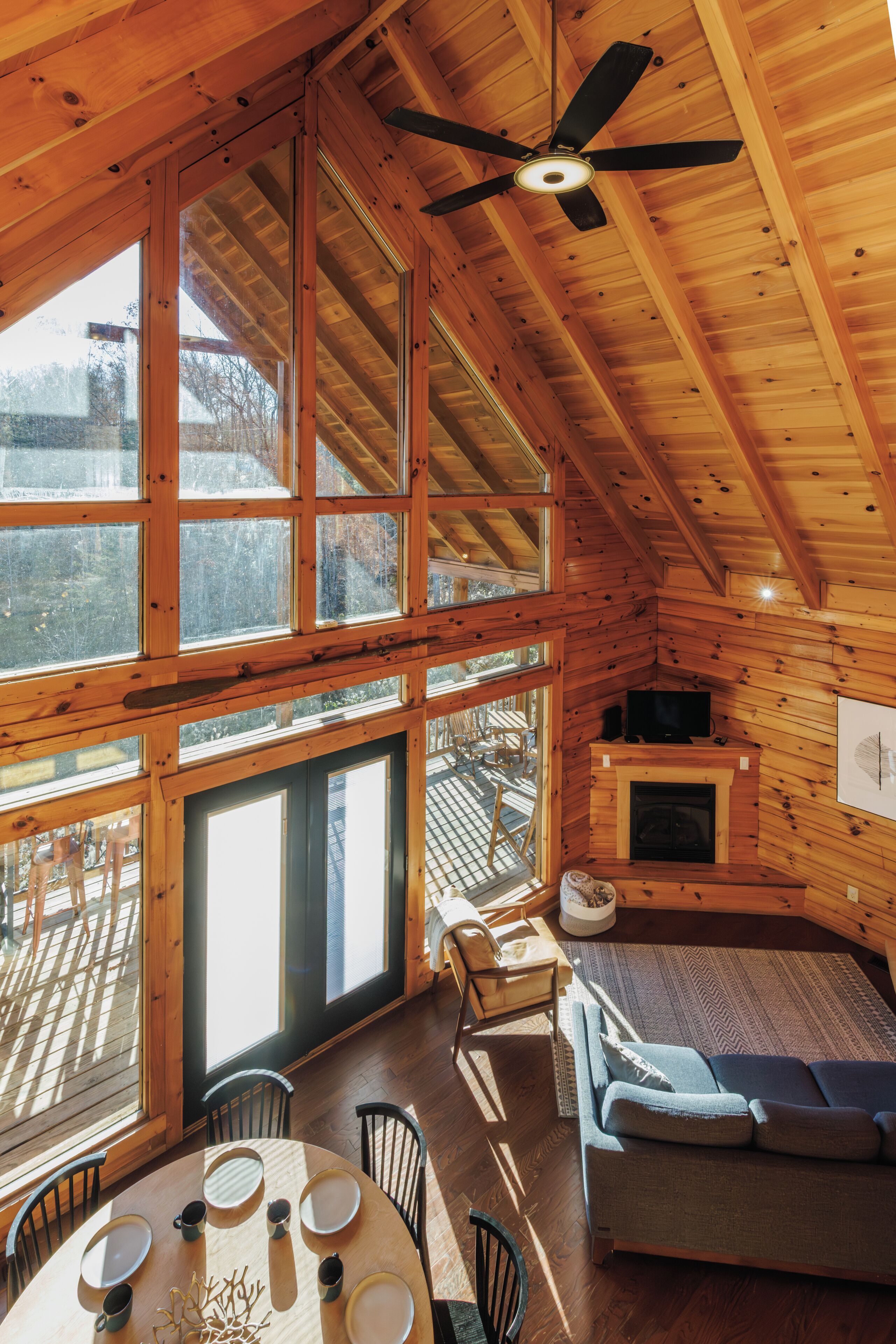 Smart TV, fireplace, books, computer monitors