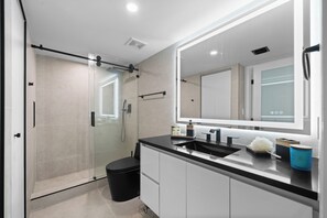 Shower, hair dryer, towels, soap