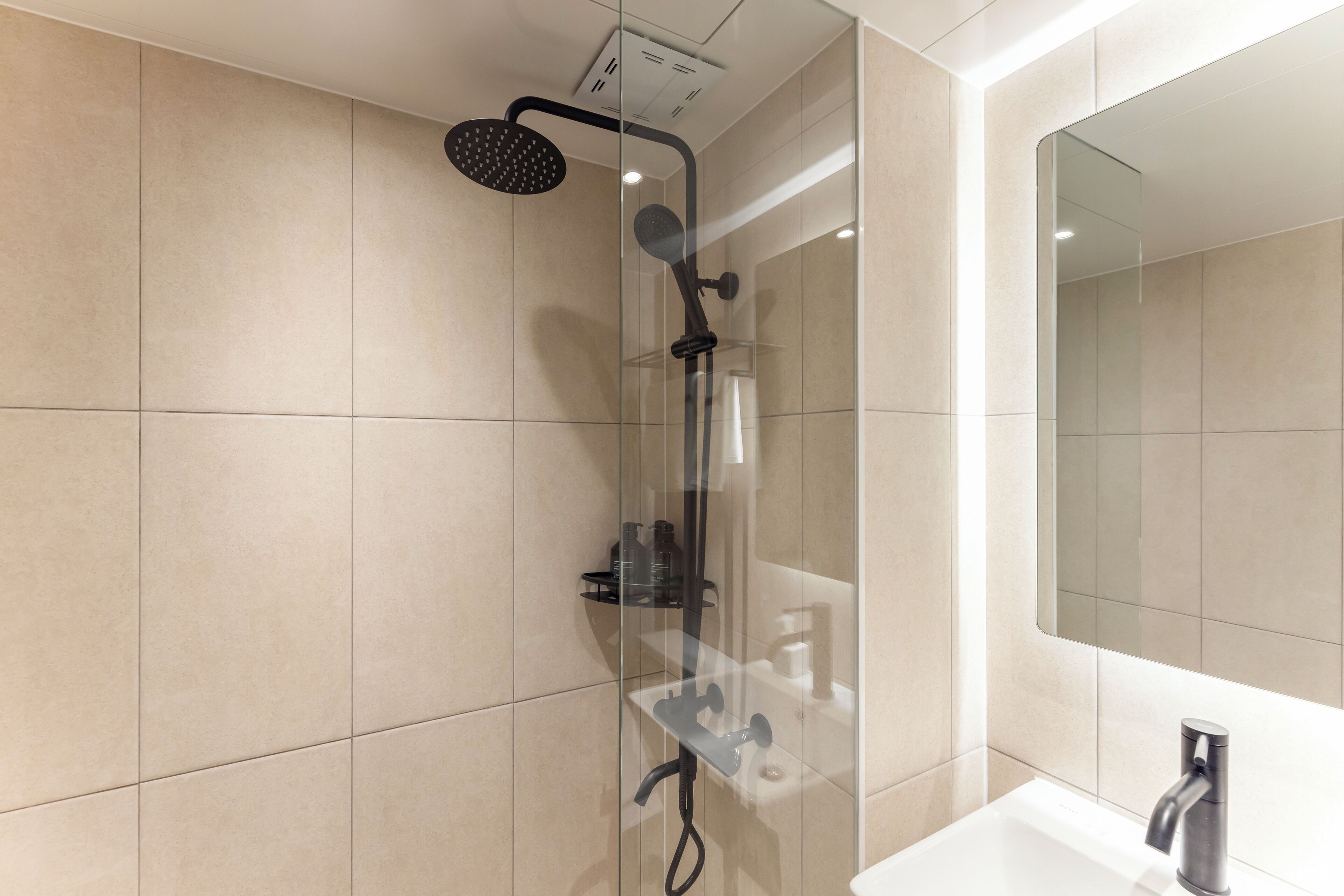 A modern bathroom with a glass-enclosed shower, a white sink, and a large mirror.
