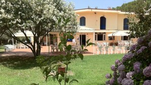 Edifici amb zona de jardí, mobiliari exterior i un arbre amb flors blanques.