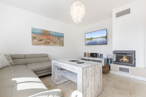 Télévision, cheminée, chaîne hi-fi