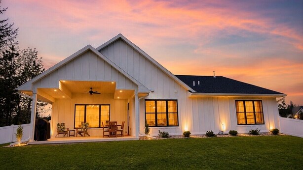 A modern house with a covered patio, large windows, and a well-maintained lawn. - Luxury Meets Location | Near Ephraim & Sister Bay (Ephraim)