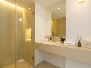 Shower, hair dryer, towels