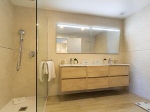 Shower, hair dryer, towels