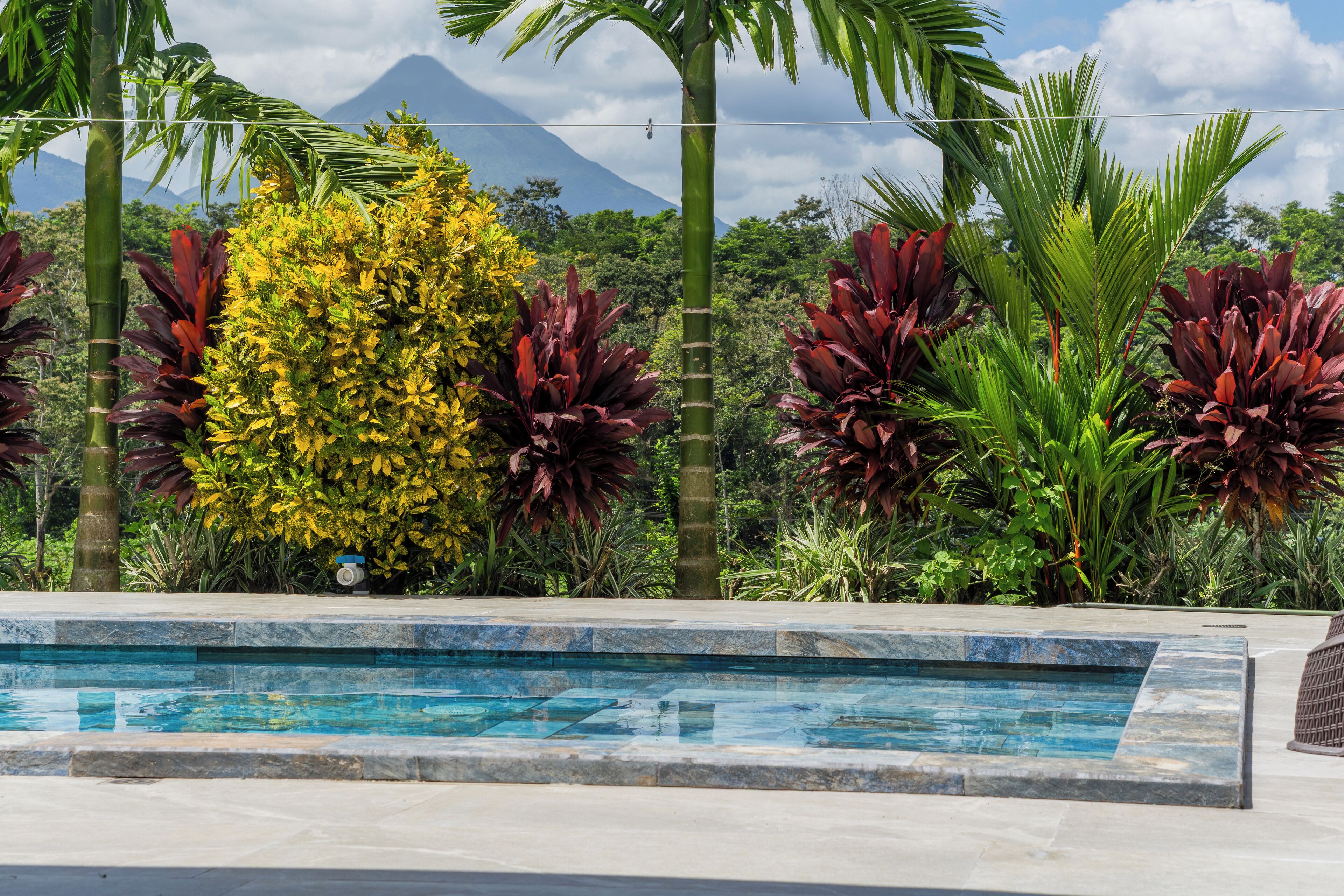 Ein Swimmingpool mit einem Berg im Hintergrund, umgeben von tropischen Pflanzen.